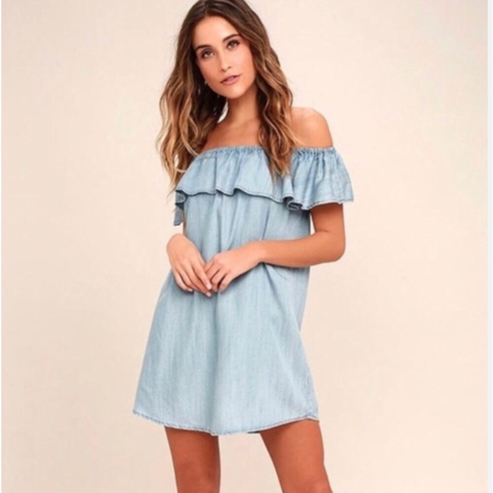 Lulus‎ Standout Chambray Off Shoulder Ruffle Mini Dress Blue Lyocell Medium